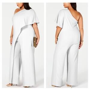 Adrianna Papell Melania Draped One-Shoulder Jumpsuit 20W White